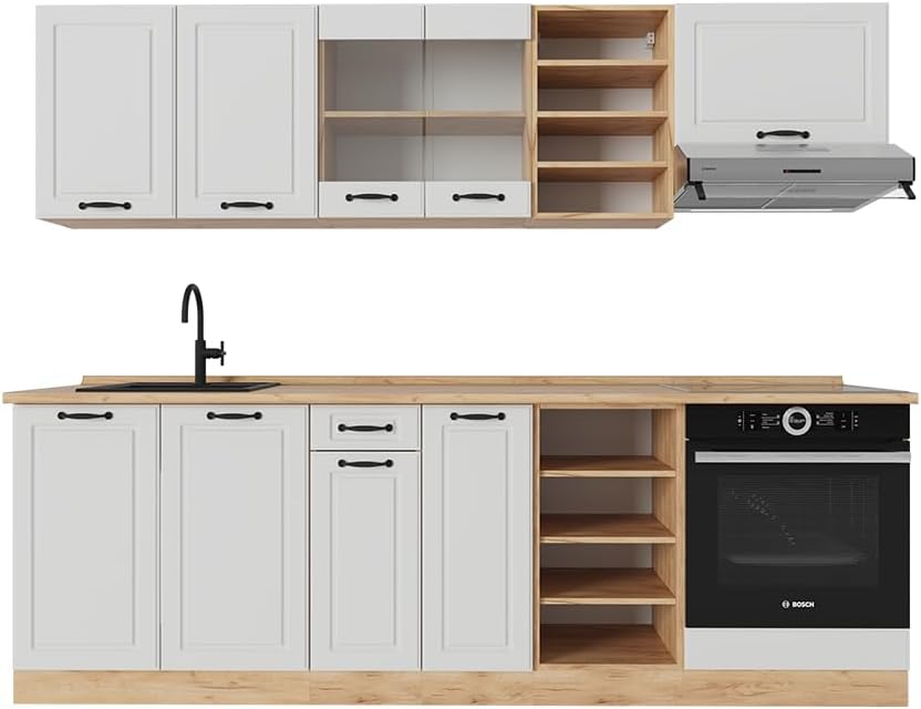 Vicco - cuisine R Line blanc campagnard et chêne doré - bloc cuisine 240 cm avec plan de travail chêne-Lamiahaven
