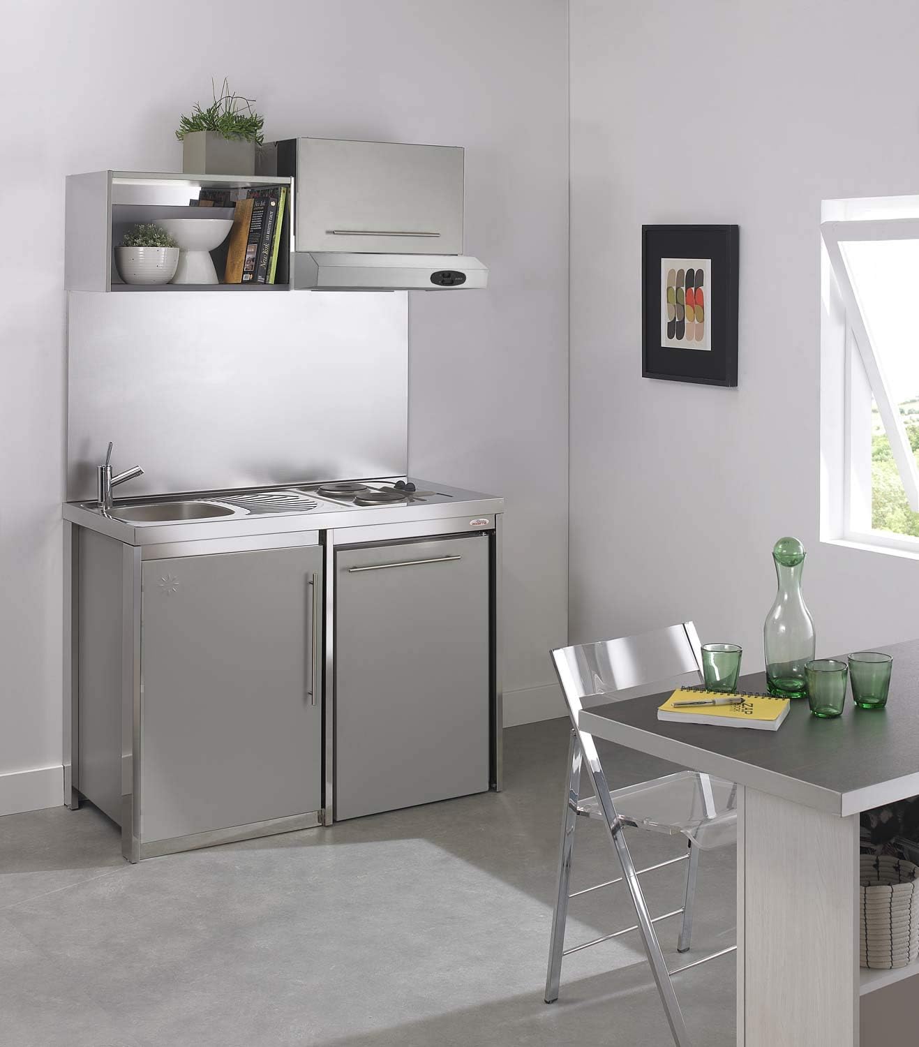 MODERNA Metalline - kitchenette complète gris aluminium 120 cm - meuble cuisine moderne avec étagère-Lamiahaven