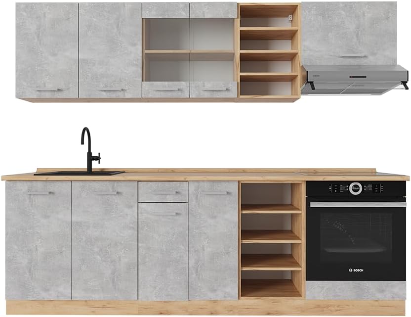Vicco R Line - cuisine béton et chêne force doré 240 cm - plan chêne meuble cuisine moderne-Lamiahaven