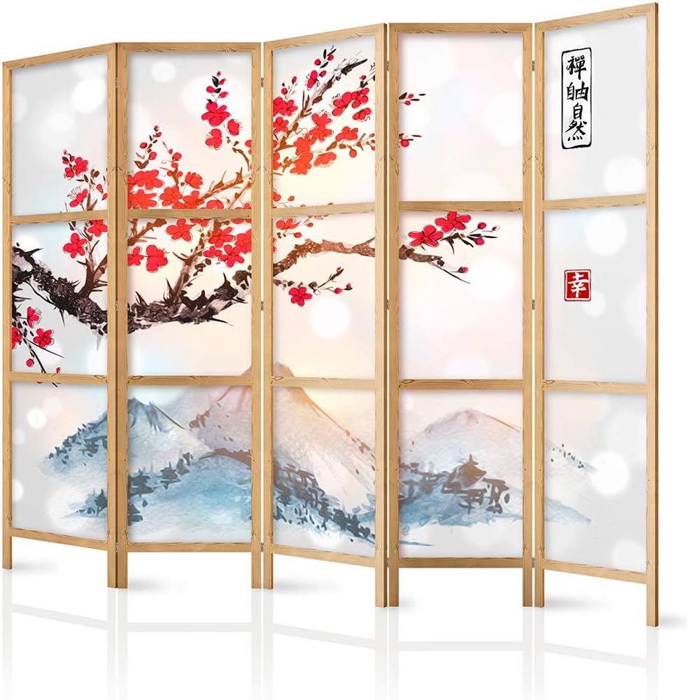decomonkey - paravent 5 panneaux bois 225 cm 171 cm - séparateur de pièce cerisier en fleur montagne pour salon chambre-Lamiahaven