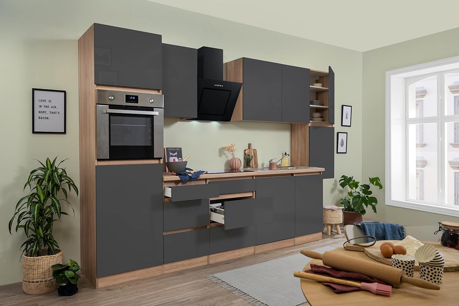 respekta - bloc de cuisine Lorena chêne gris 330 cm - cuisine moderne sans poignée pour vaisselle-Lamiahaven