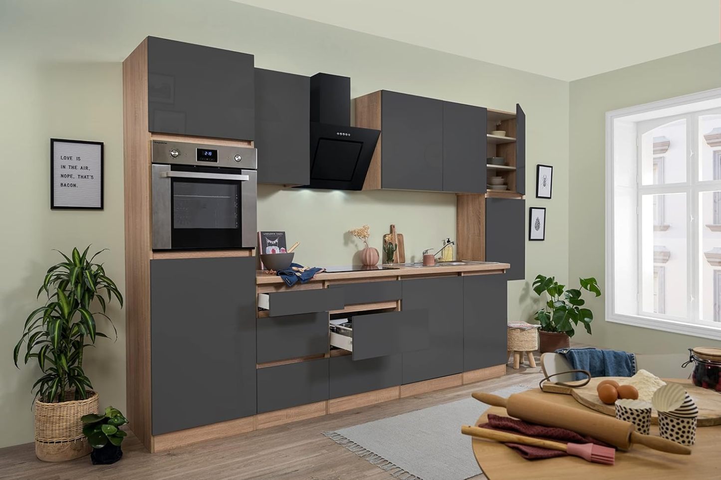 respekta - bloc de cuisine Lorena chêne gris 330 cm - cuisine moderne sans poignée pour vaisselle-Lamiahaven