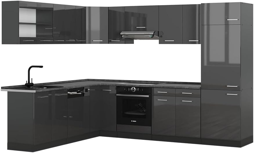 Vicco R Line - cuisine en angle anthracite brillant 227 par 287 cm - plan anthracite finition laquée-Lamiahaven