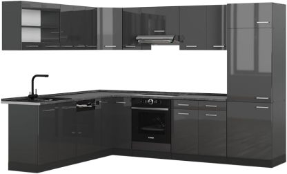 Vicco R Line - cuisine en angle anthracite brillant 227 par 287 cm - plan anthracite finition laquée-Lamiahaven