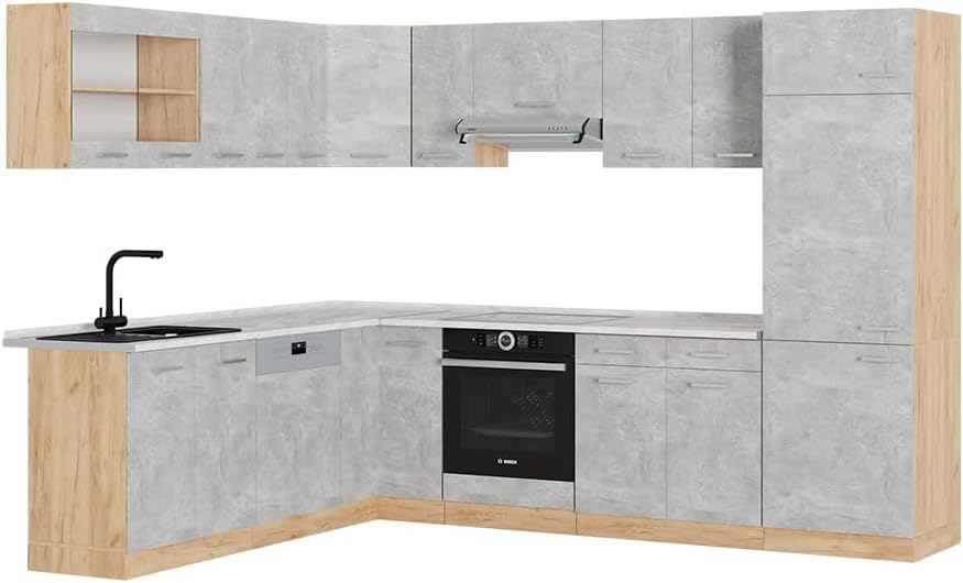 Vicco R Line - cuisine en angle béton et chêne force doré 227 par 287 cm - plan marbre moderne-Lamiahaven