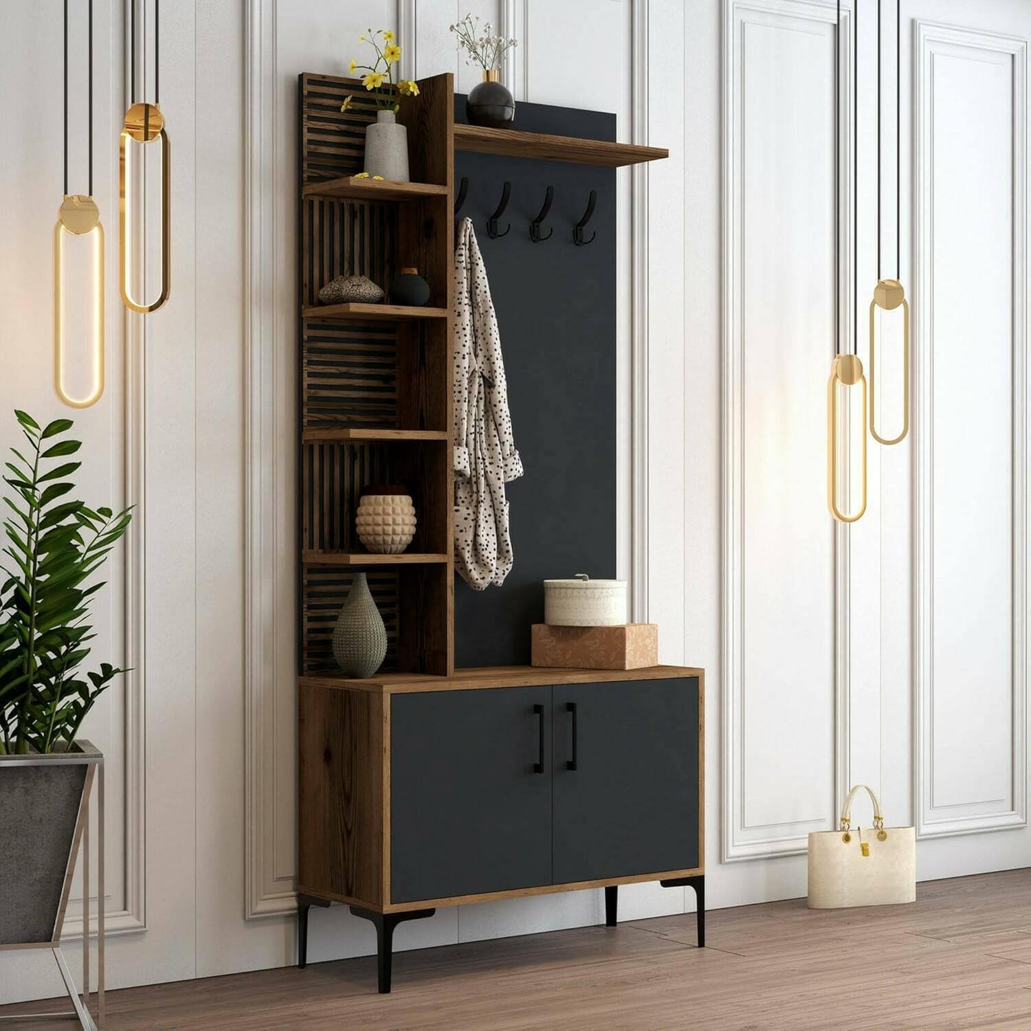 Dmora Calista meuble d entrée - Console vestiaire noyer anthracite 90 x 35 x 200 cm avec crochets-Lamiahaven