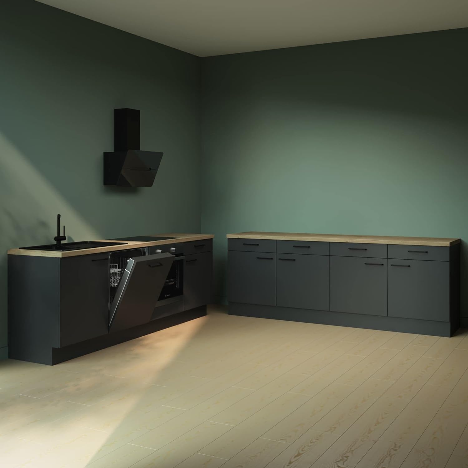 Générique WALLERS - cuisine noire complète 2 modules 240 cm - lave vaisselle four hotte évier mitigeur plaque 4 foyers-Lamiahaven