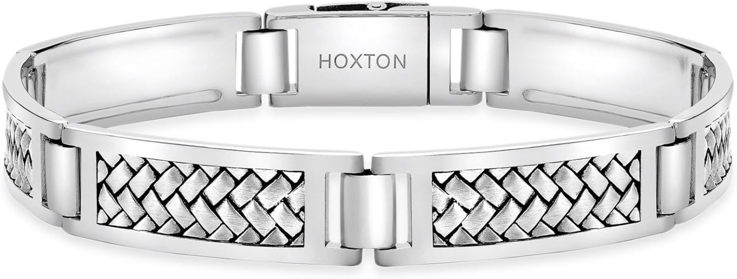 HOXTON LONDON bracelet homme argent sterling rhodié - motif arête de hareng - maillons rectangulaires 21,5 cm-Lamiahaven