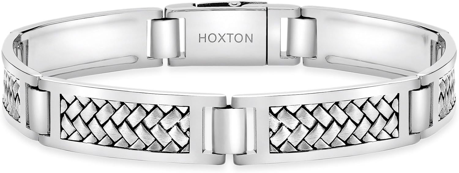 HOXTON LONDON bracelet homme argent sterling rhodié - motif arête de hareng - maillons rectangulaires 21,5 cm-Lamiahaven