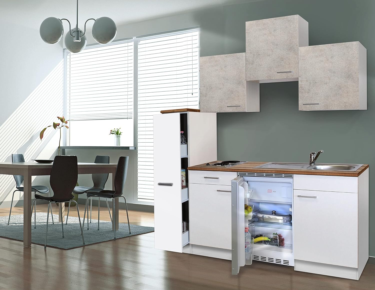 Respekta Luis - kitchenette blanche 150 cm - cuisine compacte bois d ingénierie montage au sol style moderne-Lamiahaven