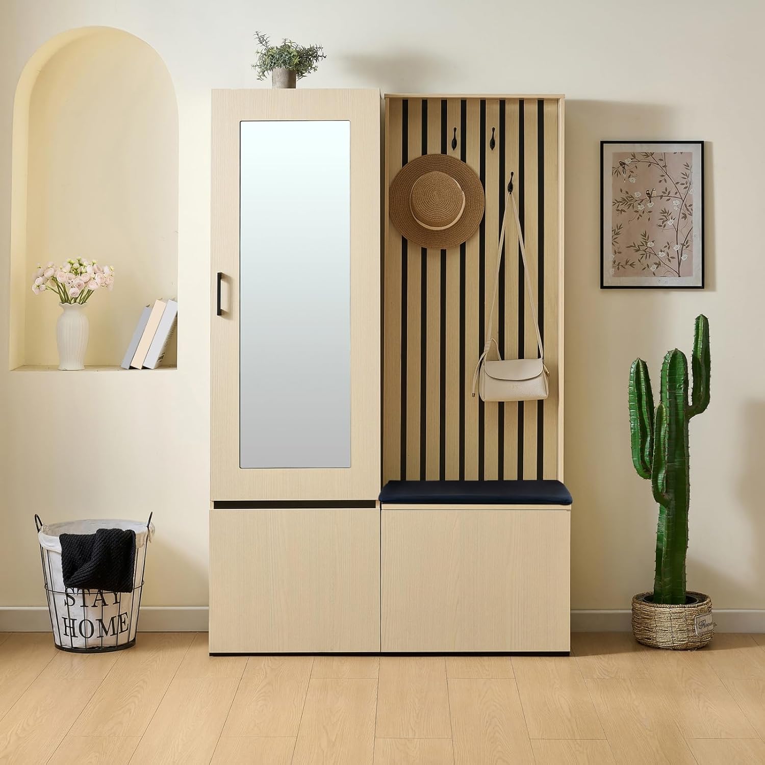 PUGSDRLY ensemble couloir avec miroir et banc - Armoire moderne 54 x 33 x 179,5 cm avec tringle coulissante et range chaussures-Lamiahaven