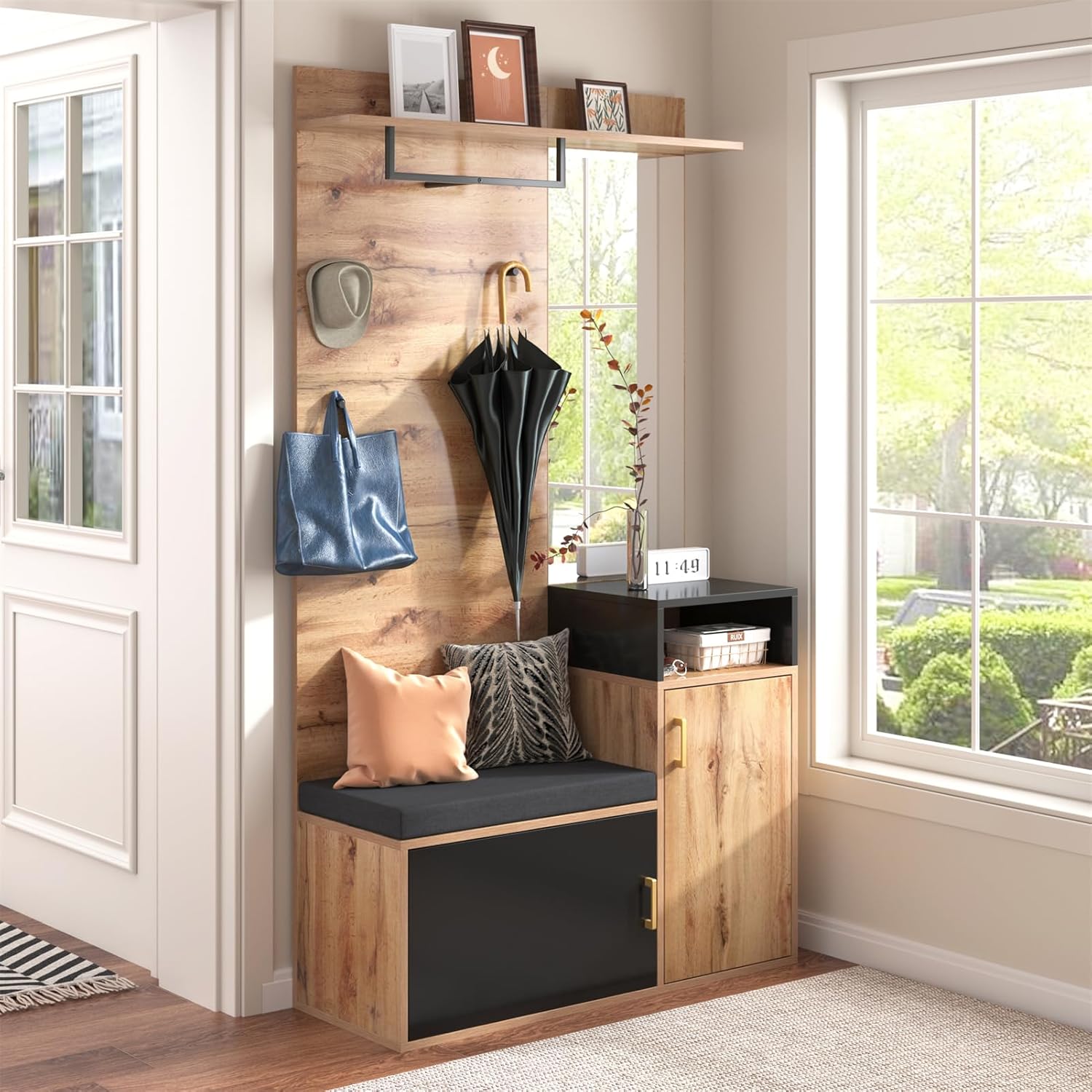 Sweiko ensemble porte manteaux 4 pièces - Meuble couloir bois noir avec miroir armoire chaussures banc et étagère supérieure-Lamiahaven