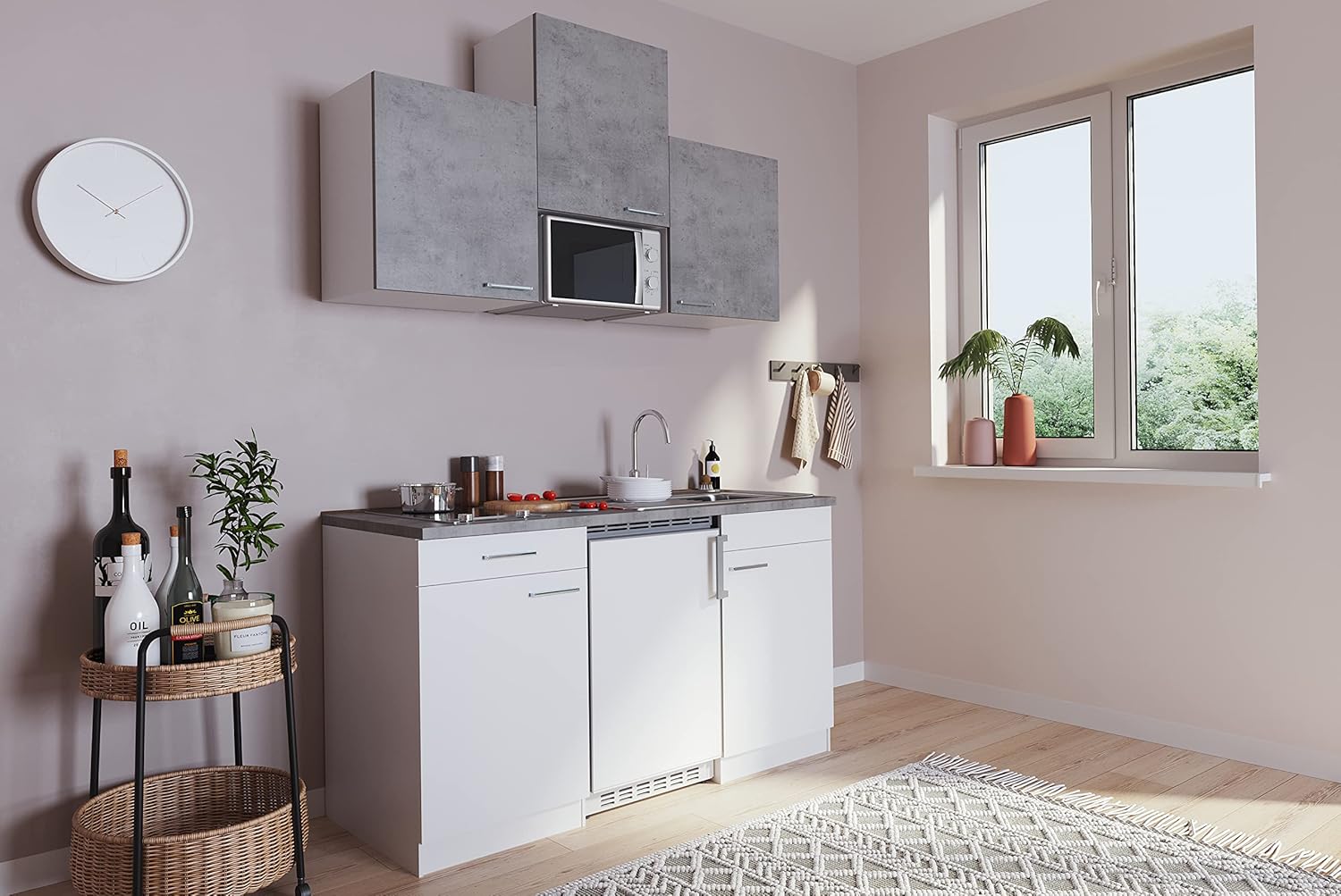 Respekta Luis - kitchenette blanche 150 cm - mini cuisine moderne avec réfrigérateur micro ondes rangement-Lamiahaven