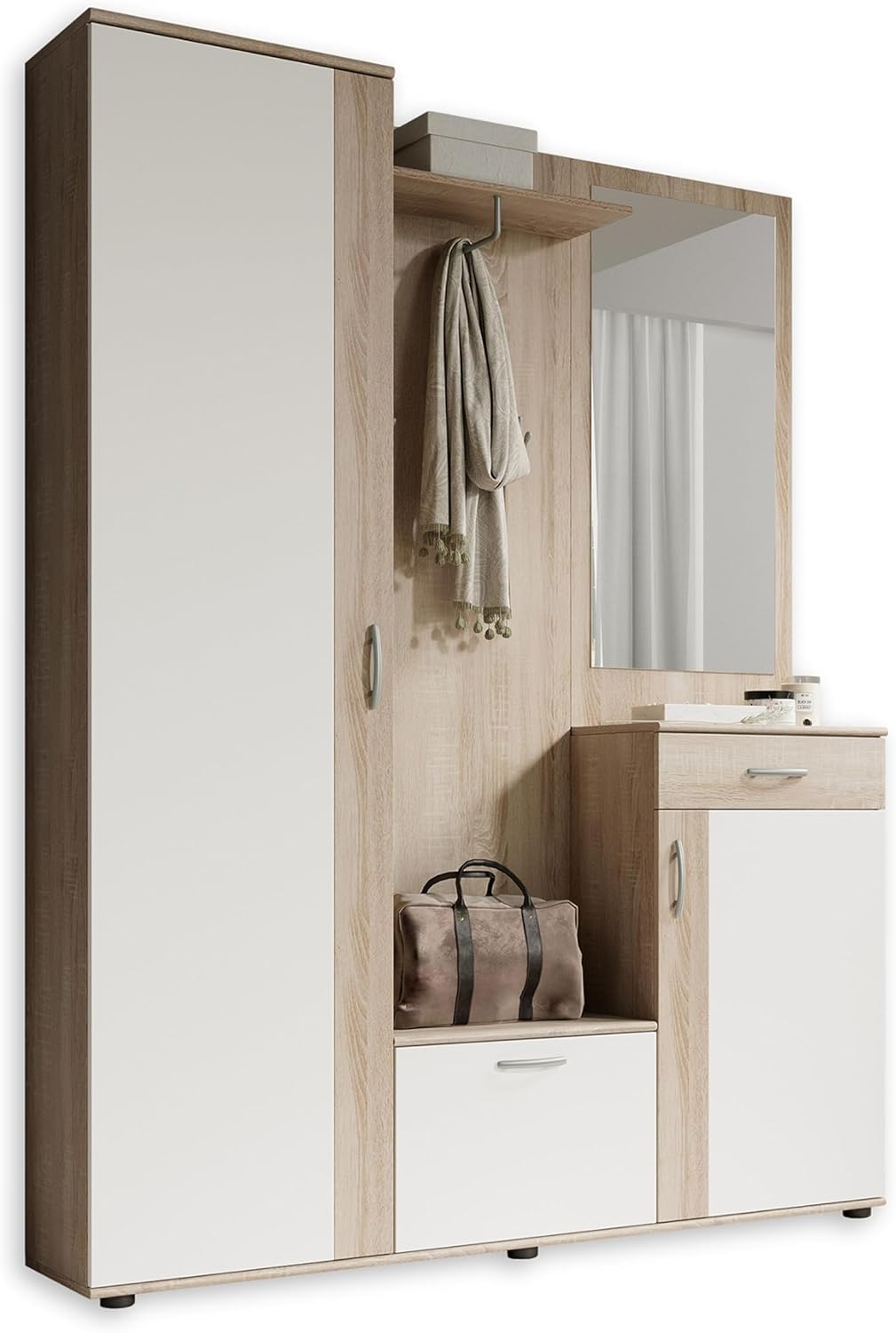 Stella Trading Patent vestiaire d entrée compact - Chêne Sonoma blanc 145 x 184 x 29 cm avec miroir pour couloir-Lamiahaven
