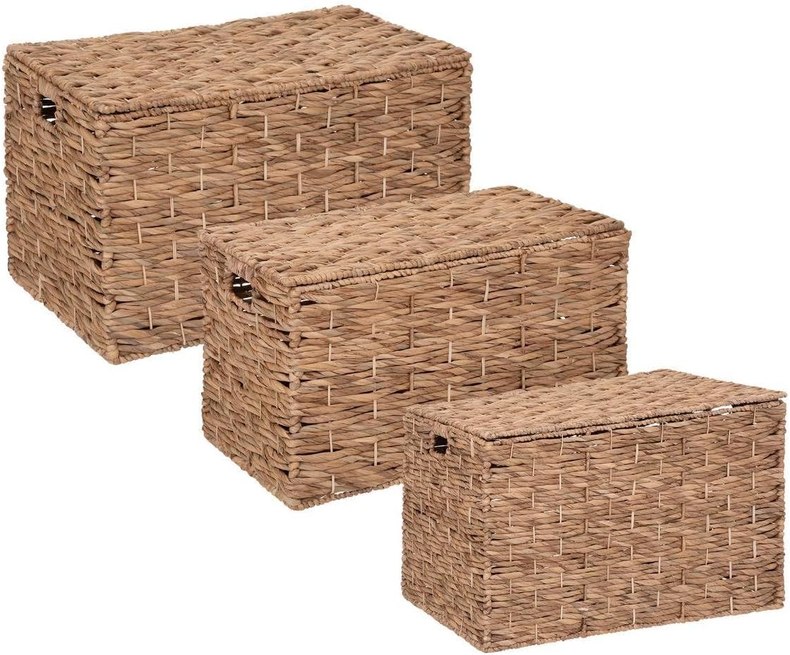 Atmosphera set de 3 malles Ori - Malles décoratives beige métal et jacinthe avec poignées jute-Lamiahaven