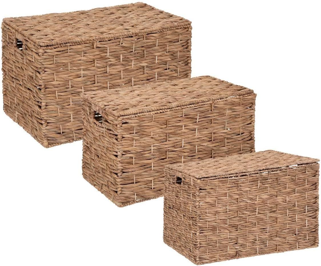 Atmosphera set de 3 malles Ori - Malles décoratives beige métal et jacinthe avec poignées jute-Lamiahaven