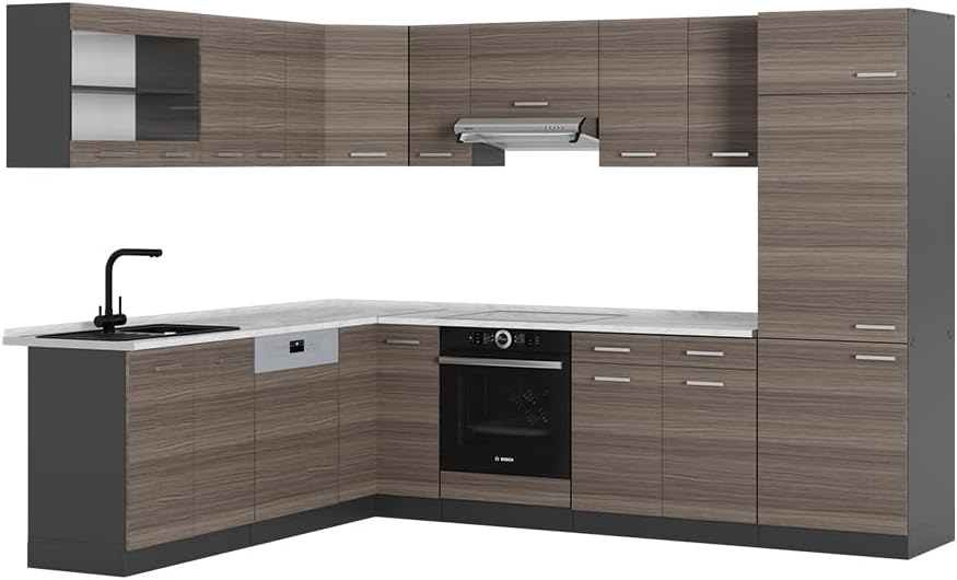 Vicco - cuisine d angle R Line gris noble et anthracite - ensemble de cuisine 227 par 287 cm avec plan de travail marbre-Lamiahaven