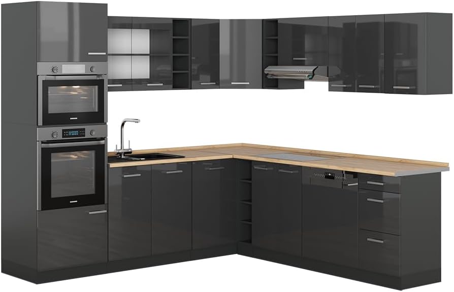 Vicco - cuisine d angle R Line anthracite brillant - meuble de cuisine 237 par 60 cm sans plan de travail avec éclairage LED-Lamiahaven