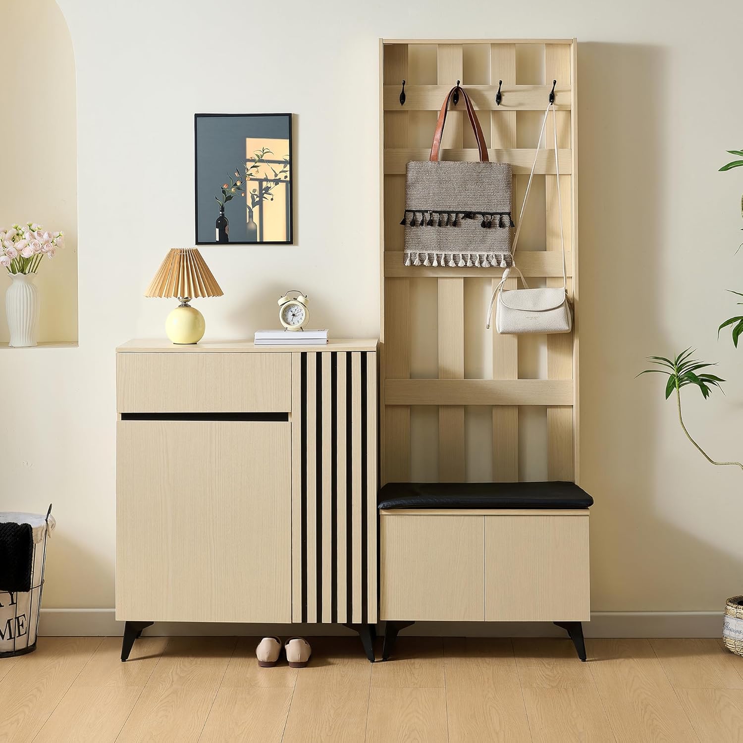 Meuble d entrée avec vestiaire beige - Ensemble moderne 135 x 35 x 179,5 cm avec banc armoire chaussures et buffet latéral-Lamiahaven