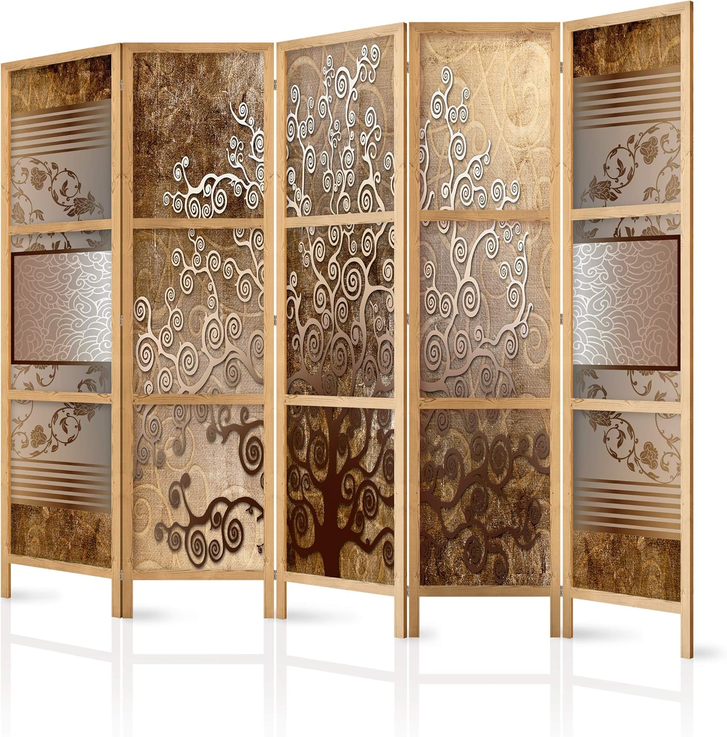 decomonkey - paravent intérieur 5 panneaux bois 225 cm 171 cm - séparateur de pièce arbre brun oriental pour salon chambre-Lamiahaven