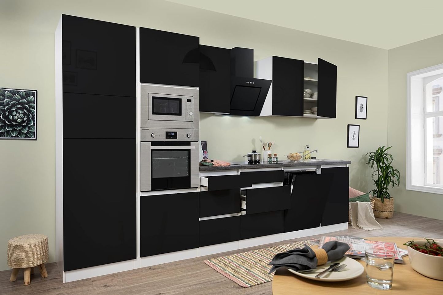 respekta - bloc de cuisine Lorena blanc et noir 345 cm - cuisine moderne sans poignée pour espace cuisine-Lamiahaven