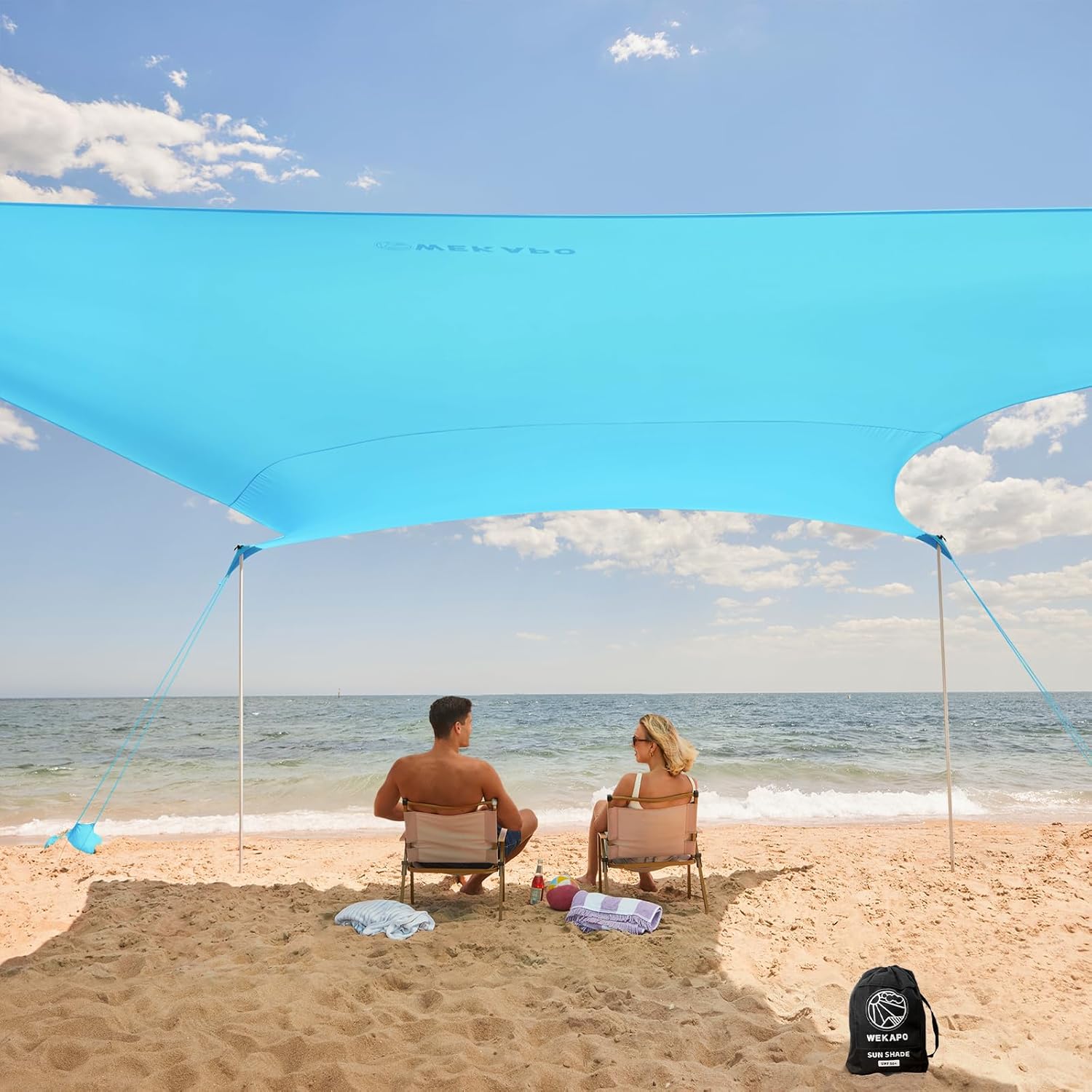 Tente de plage WEKAPO - auvent bleu 3,3 m par 3,3 m - 4 poteaux allongés - sacs de sable - protection UPF-Lamiahaven