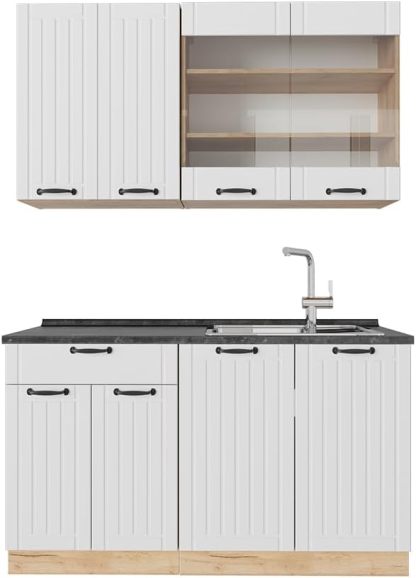 Vicco Fame Line - cuisine blanc campagne 140 cm - meuble sous évier vaisselle outils avec pieds réglables-Lamiahaven