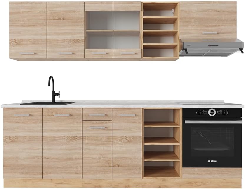 Vicco - cuisine R Line sonoma et chêne doré - bloc cuisine 240 cm avec plan de travail marbre pour vaisselle-Lamiahaven