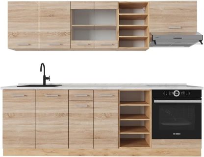 Vicco - cuisine R Line sonoma et chêne doré - bloc cuisine 240 cm avec plan de travail marbre pour vaisselle-Lamiahaven