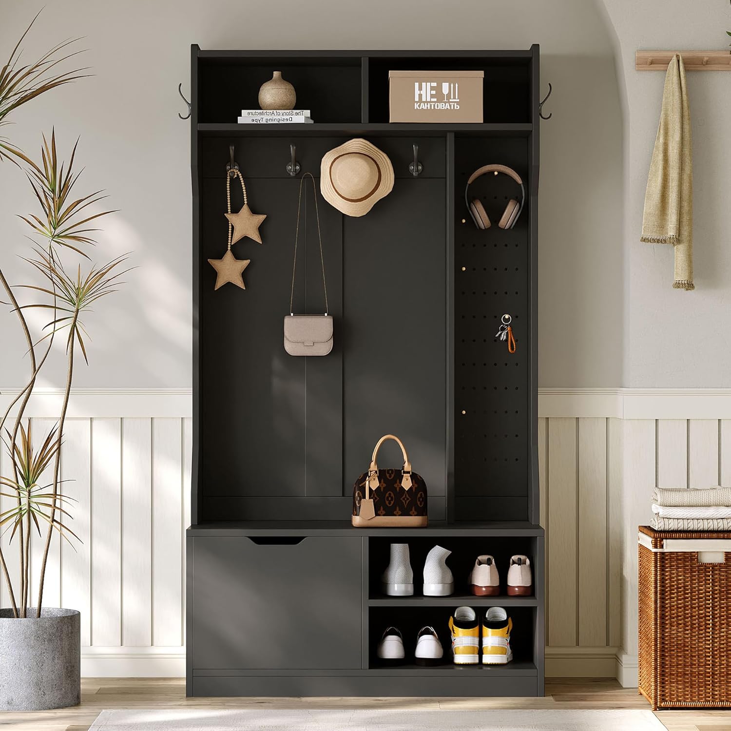 EMKK ensemble garde robe d entrée noir - Meuble vestiaire 100 x 40 x 185,5 cm avec banc chaussures et 6 crochets-Lamiahaven
