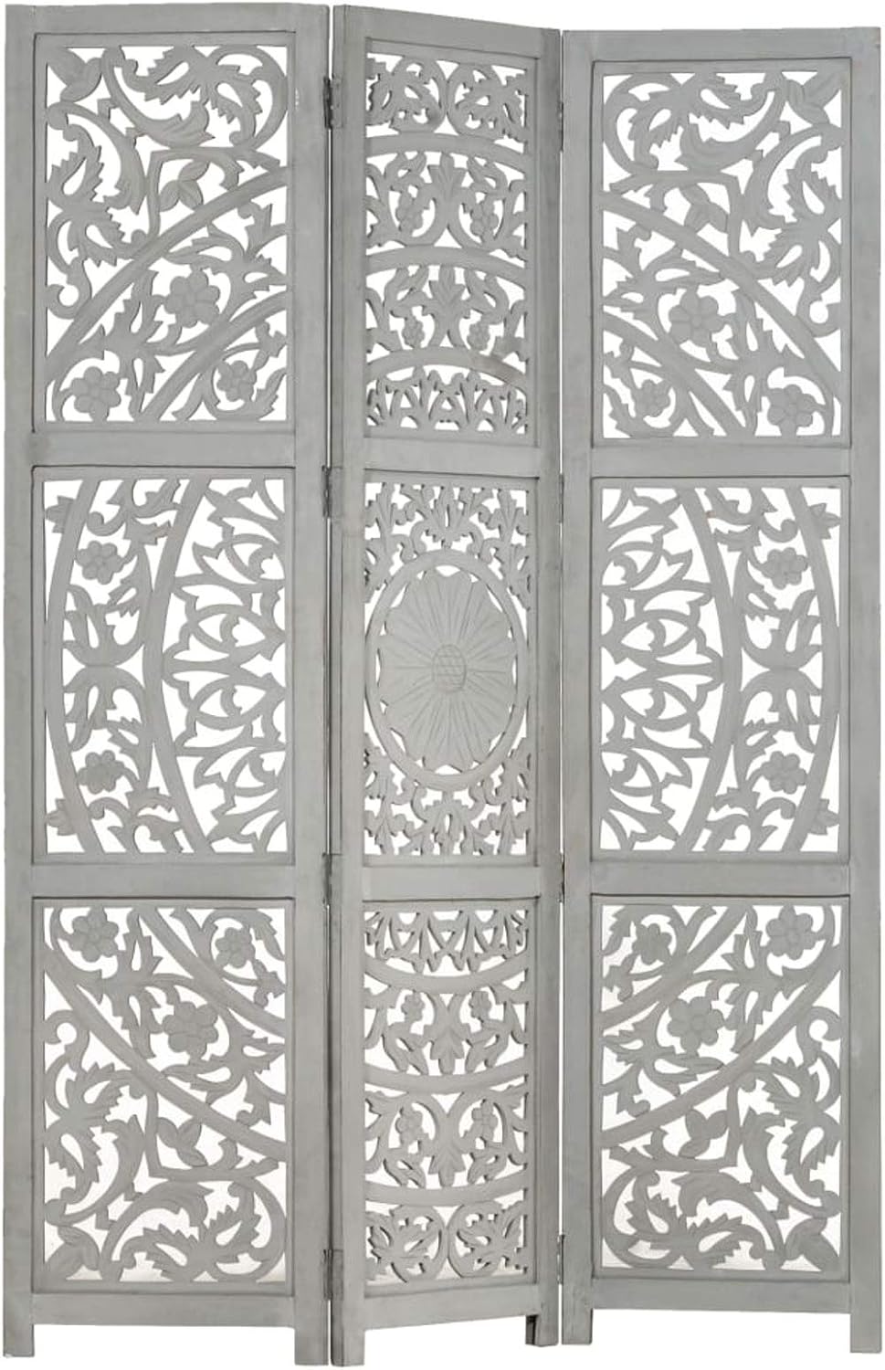 MOONAIRY paravent gris 3 panneaux - bois manguier 120 cm hauteur 165 cm - écran intimité pliable chambre maison-Lamiahaven