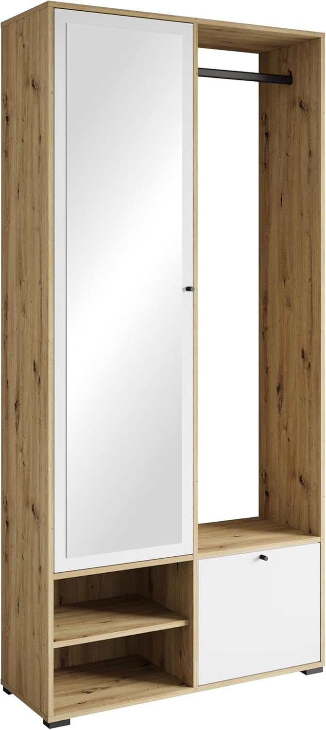 MINIO Dafni ensemble penderie d entrée - Meuble chêne Artisan blanc 93 x 33 x 190 cm avec miroir et armoire chaussures-Lamiahaven