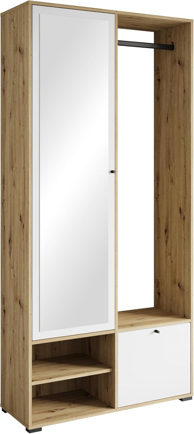 MINIO Dafni ensemble penderie d entrée - Meuble chêne Artisan blanc 93 x 33 x 190 cm avec miroir et armoire chaussures-Lamiahaven