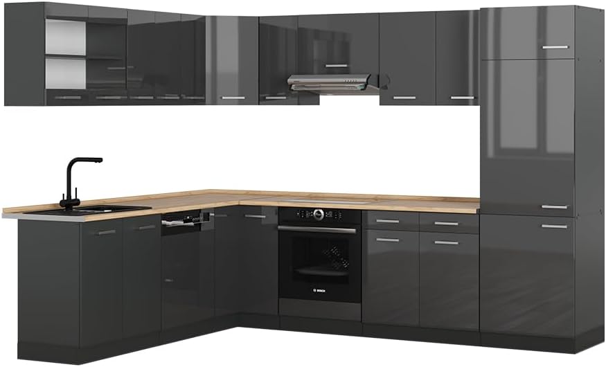 Vicco R Line - cuisine en angle anthracite brillant 227 par 287 cm - plan chêne personnalisable-Lamiahaven
