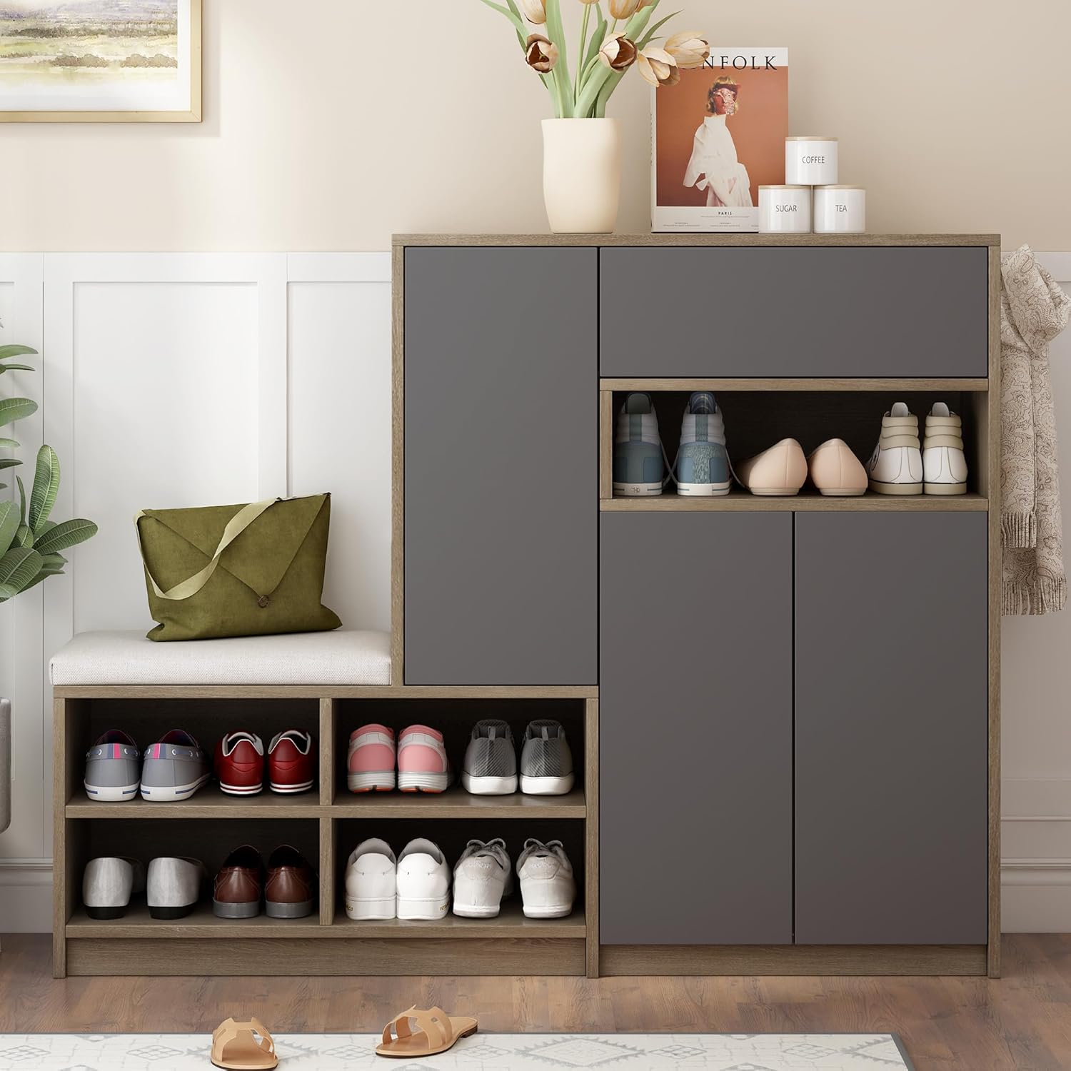 ModernLuxe meuble à chaussures gris - Banc entrée moderne 140 par 35 par 110 cm avec assise rembourrée et portes push open-Lamiahaven
