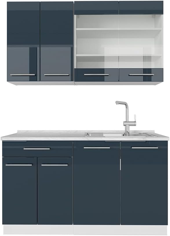 Vicco - cuisine Fame Line bleu foncé brillant et blanc - meuble de cuisine 140 cm avec plan de travail marbre-Lamiahaven