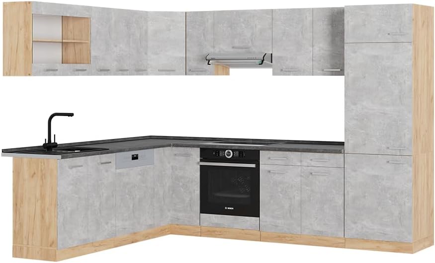 Vicco R Line - cuisine en angle béton et chêne force doré 227 par 287 cm - plan anthracite-Lamiahaven