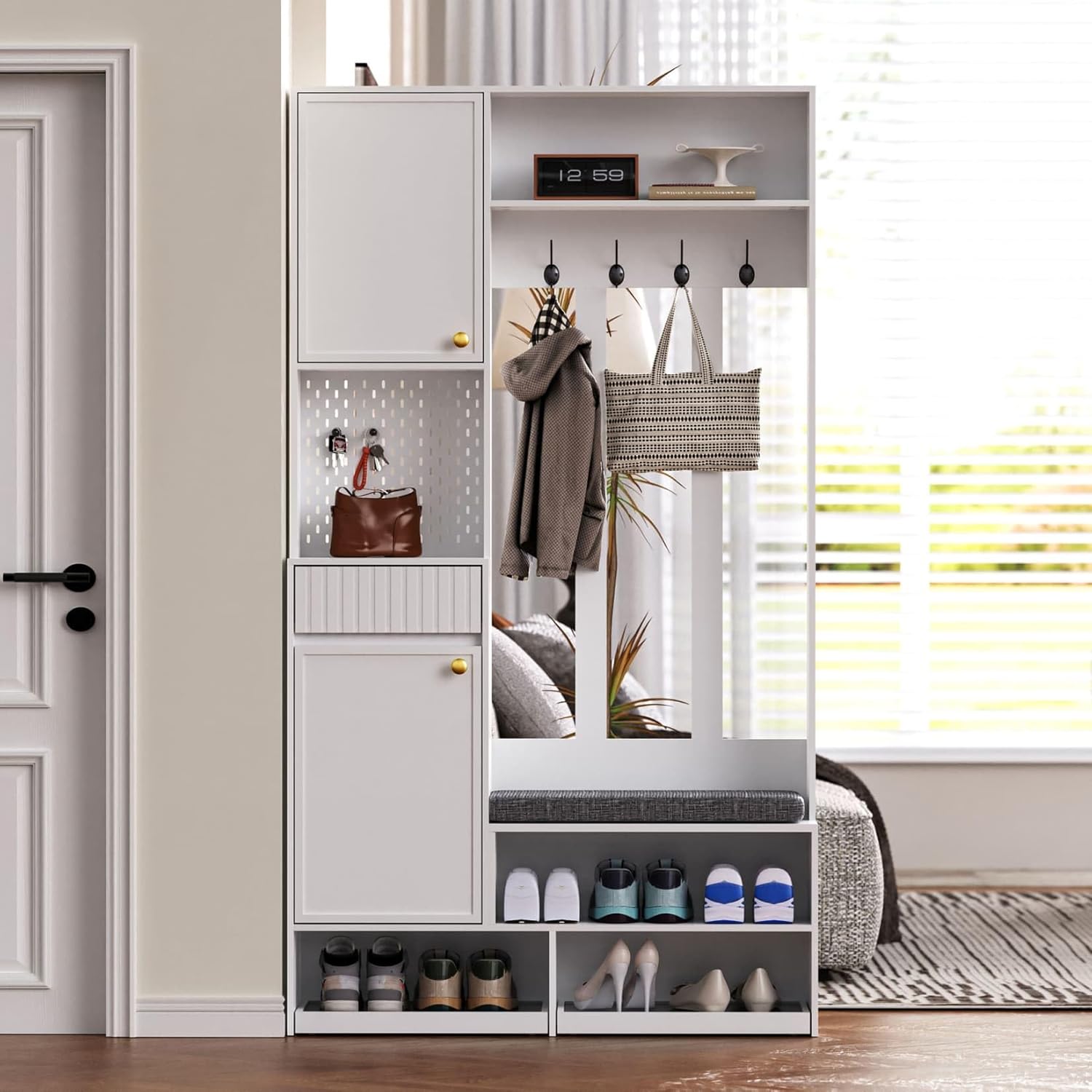 PUGSDRLY meuble d entrée blanc - Porte manteau avec banc rangement chaussures 4 crochets armoire tiroirs et étagère ouverte-Lamiahaven