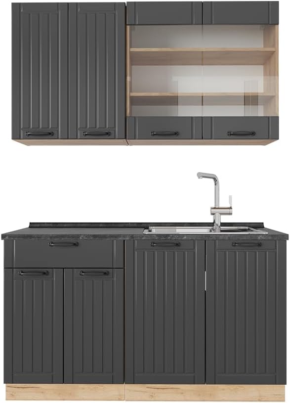 Vicco Fame Line - cuisine gris foncé 140 cm - meuble cuisine moderne plan anthracite avec 8 portes-Lamiahaven
