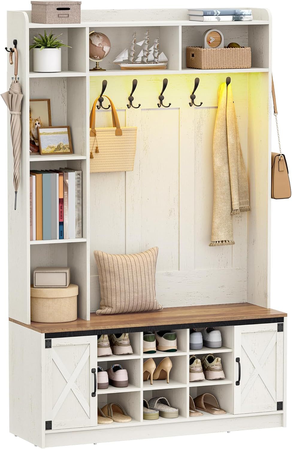 Hzuaneri meuble d entrée avec banc LED - Vestiaire blanc marron 120 x 40,3 x 191 cm avec 7 crochets et 15 étagères-Lamiahaven