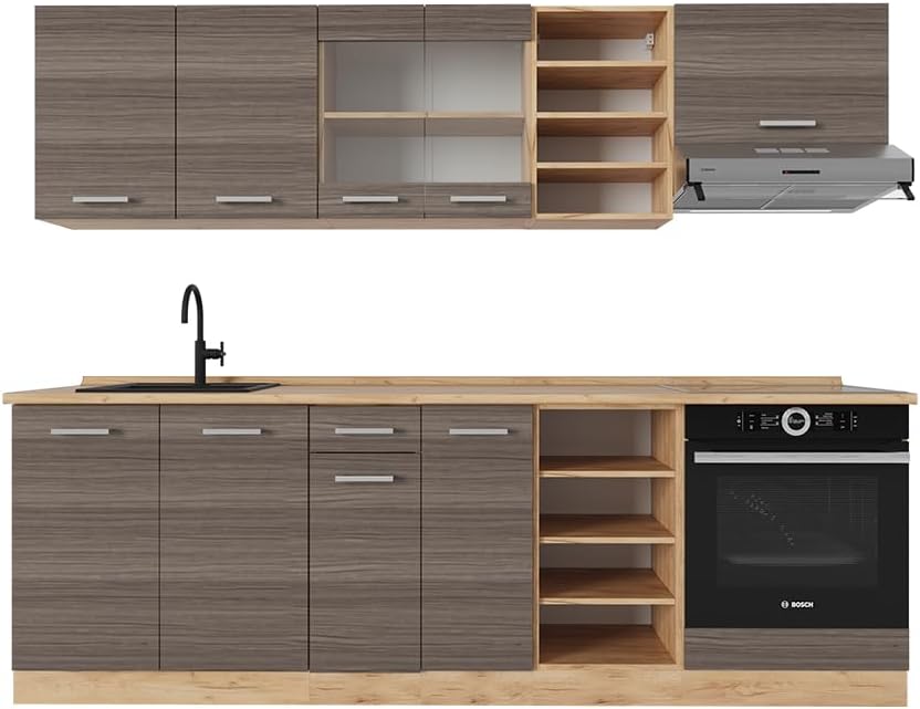 Vicco - cuisine R Line gris noble et chêne doré - bloc cuisine 240 cm avec plan de travail chêne pour vaisselle-Lamiahaven