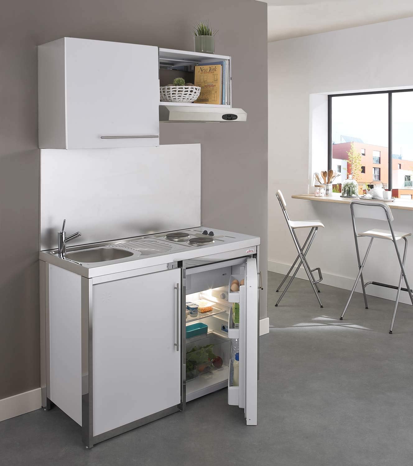 MODERNA Metalline - kitchenette complète blanc glacier 120 cm - meuble cuisine métal mat rectangulaire-Lamiahaven