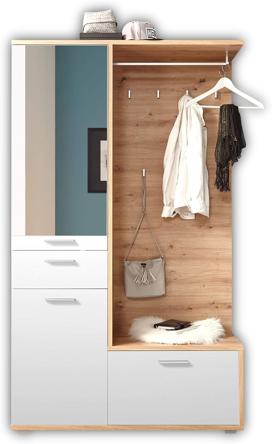 Stella Trading Entra vestiaire d entrée - Meuble compact blanc chêne Artisan 117 x 198 x 38 cm avec miroir-Lamiahaven