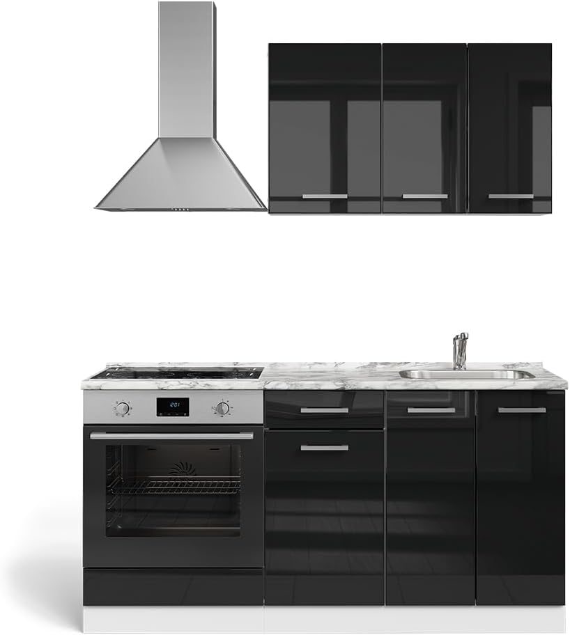 Vicco - cuisine R Line noir brillant et blanc - meuble de cuisine 160 cm avec meuble four encastrable sans plan de travail-Lamiahaven