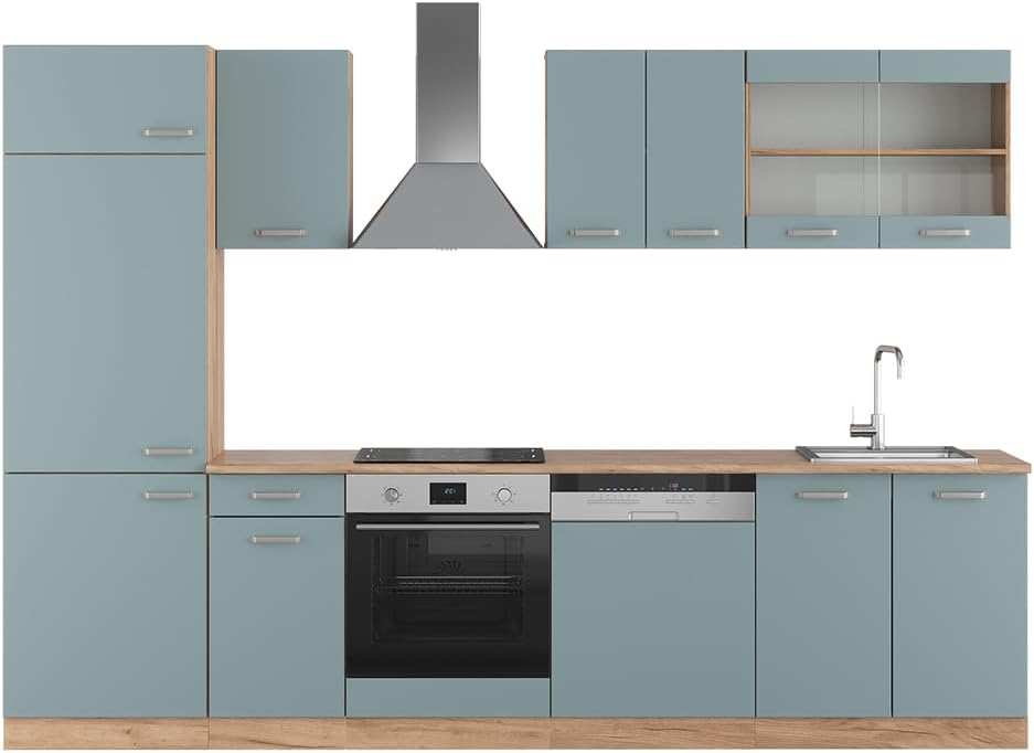 Vicco - cuisine R Line bleu gris et chêne doré - ligne de cuisine 300 cm sans plan de travail pour rangement vaisselle-Lamiahaven