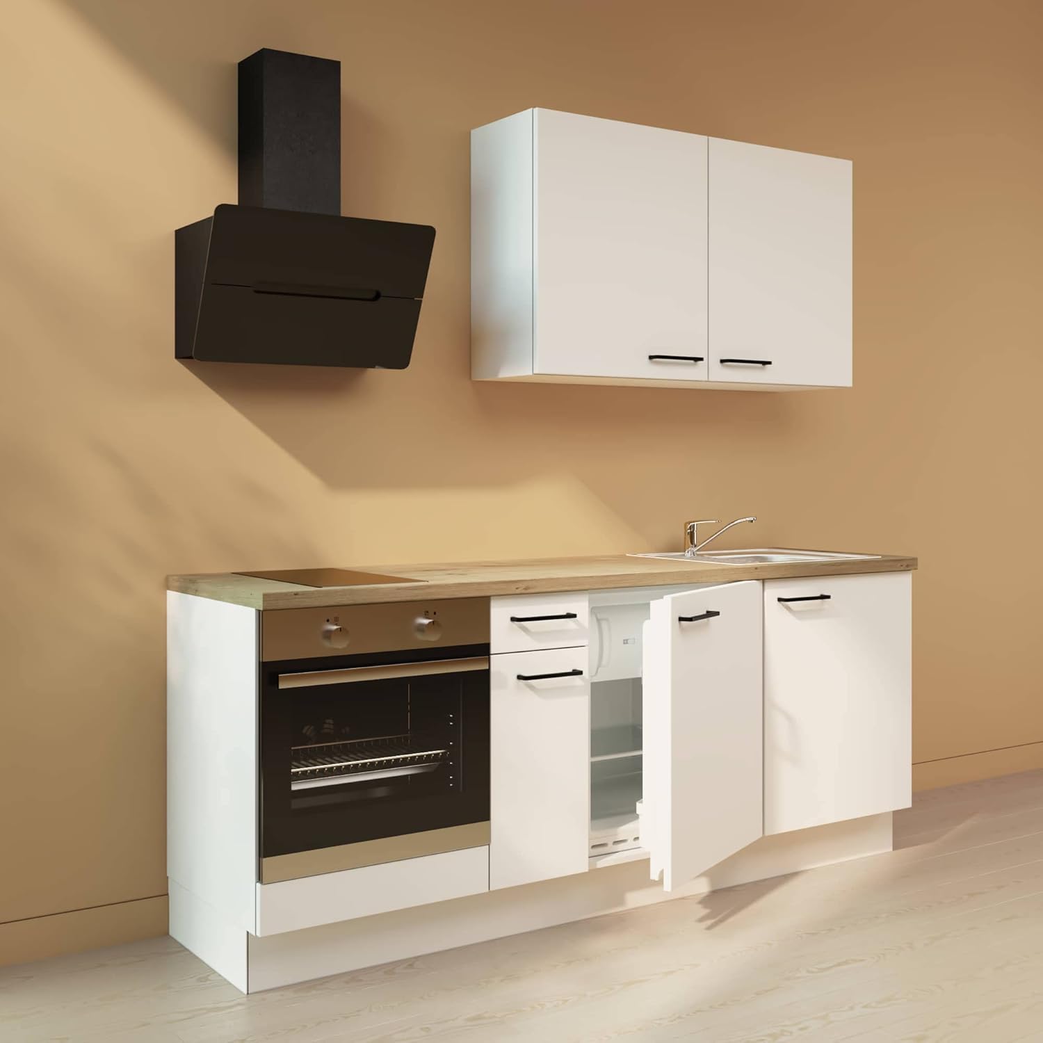 WALLERS - cuisine complète 210 cm avec plan chêne - frigo intégré plaque deux foyers mitigeur et évier à droite-Lamiahaven