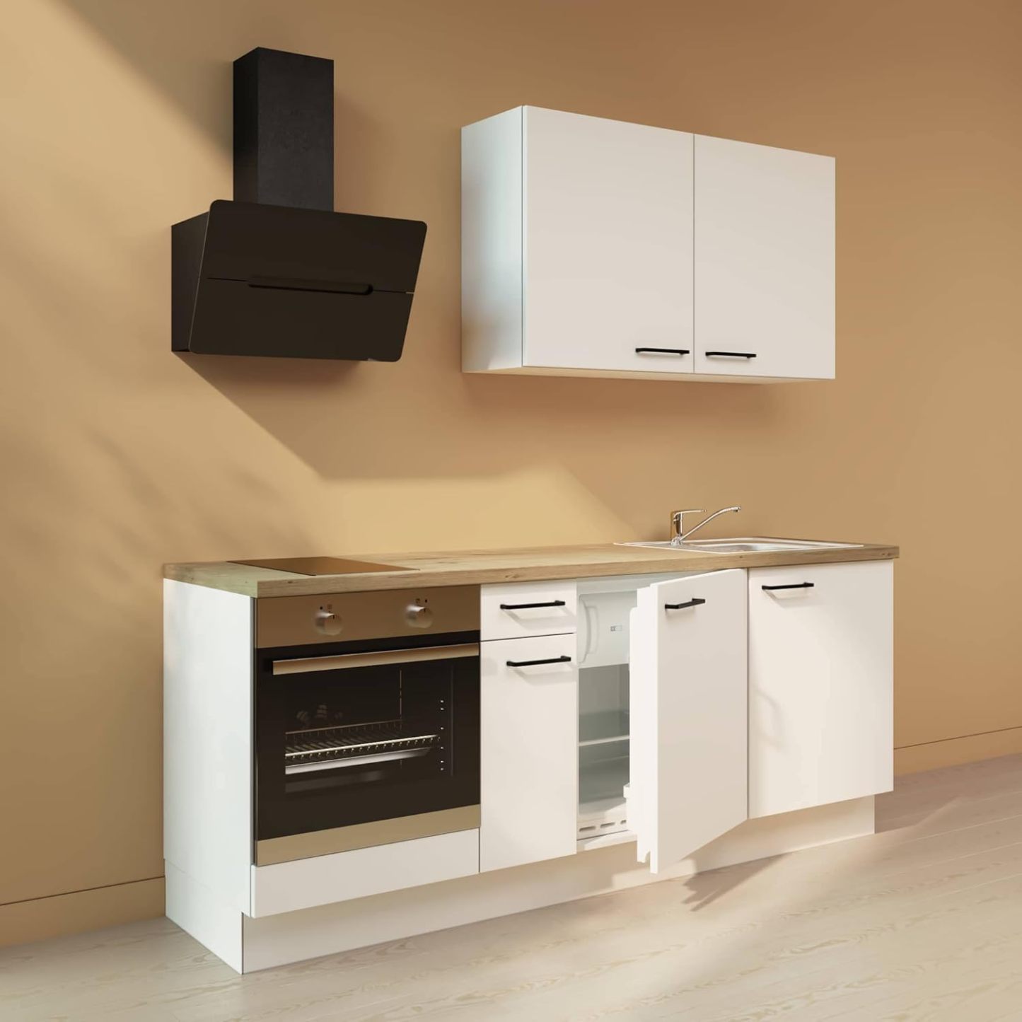 WALLERS - cuisine complète 210 cm avec plan chêne - frigo intégré plaque deux foyers mitigeur et évier à droite-Lamiahaven