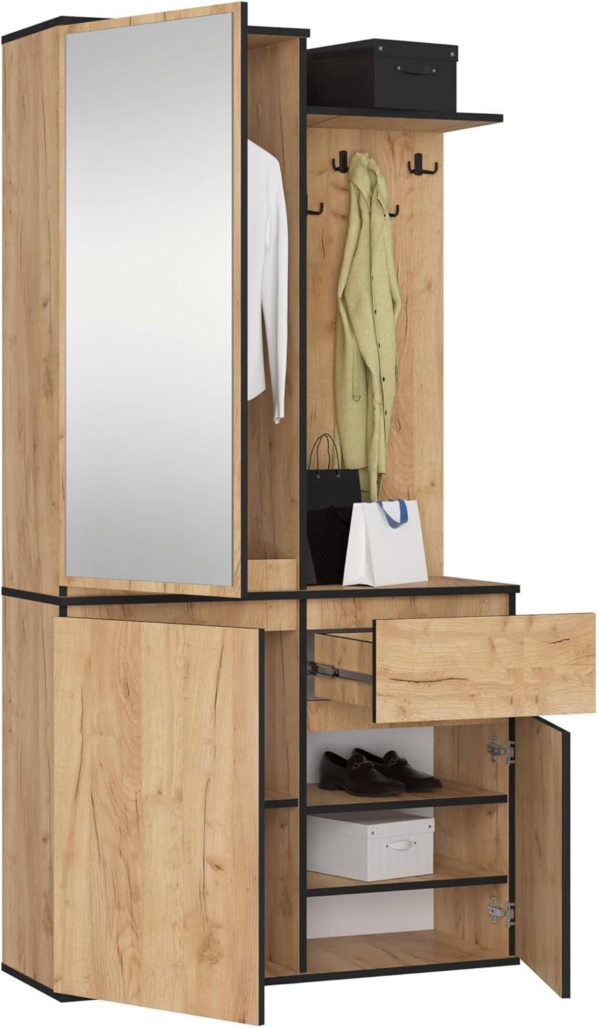 AKORD vestiaire d entrée avec miroir 95 cm - Meuble chêne Craft 3 portes 1 tiroir et 7 étagères pour petit couloir-Lamiahaven