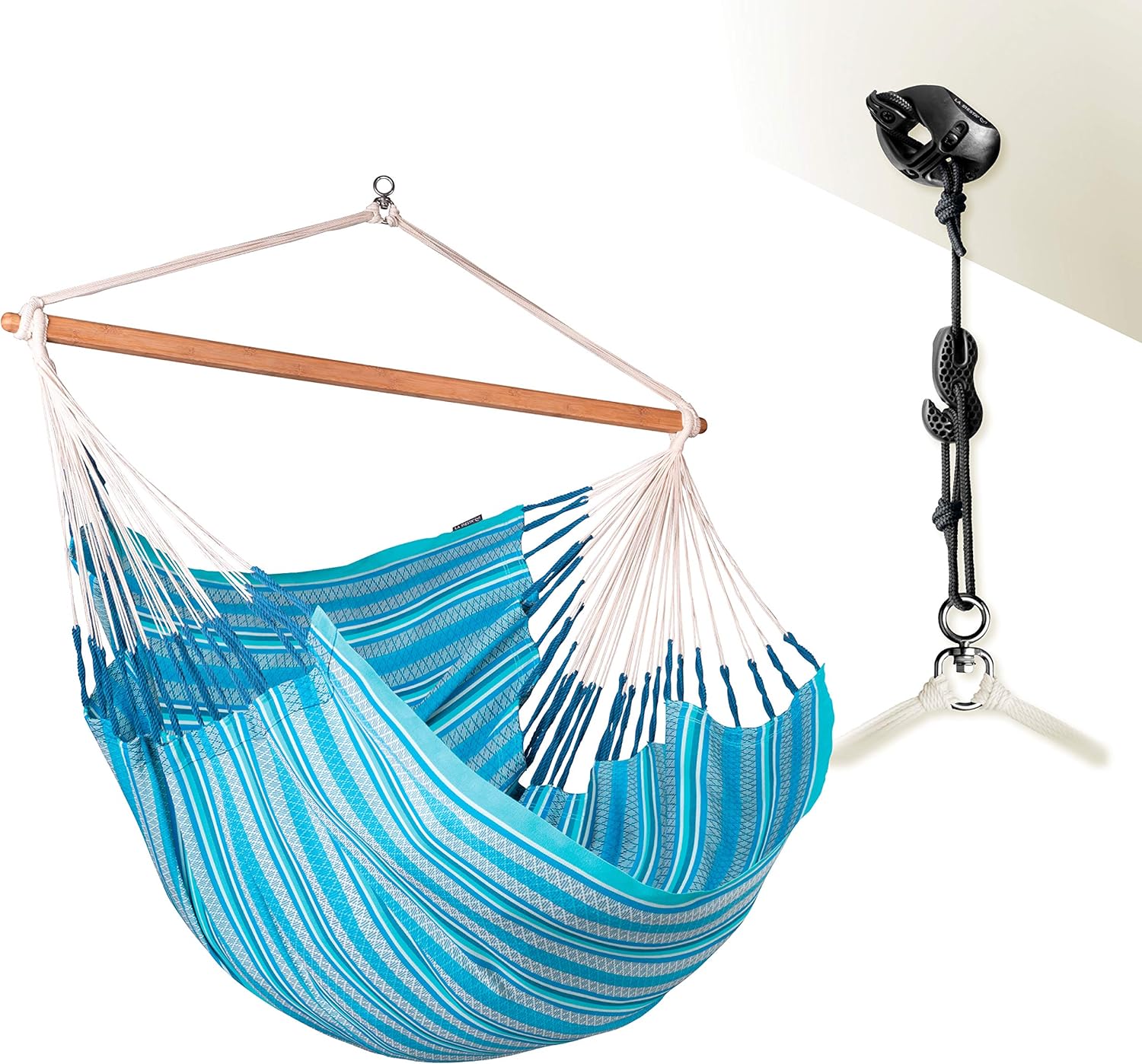 Chaise hamac en coton bio Kingsize avec fixation - Azure - rotation 360 degrés pour intérieur et extérieur-Lamiahaven