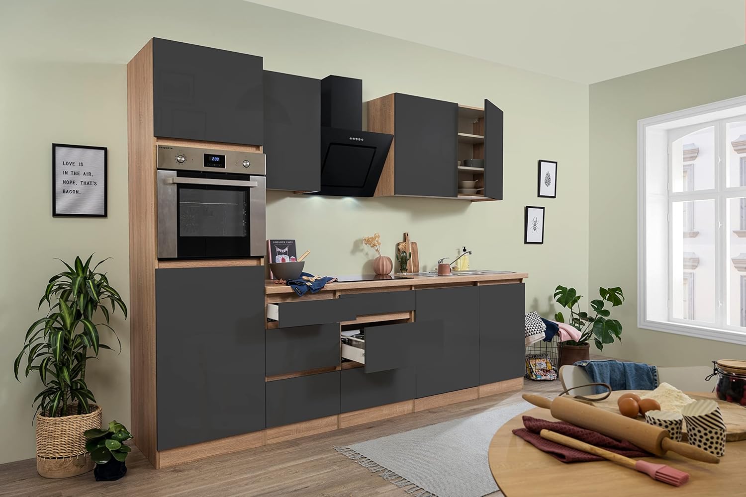 respekta - bloc de cuisine Lorena chêne gris 280 cm - cuisine moderne sans poignée pour espace intérieur-Lamiahaven